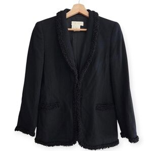 Vintage 80s Escada Black Wool Blazer Button Front Plush Trim Size 38 or 8 US